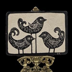 Folk Art Bird Tile Signed Black White Swirl Design 6.25x4.5 Framed Primitive